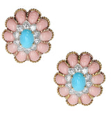 Large Coral and Turquoise Floral Earrings with Diamonds, 18 Karat Yellow Gold