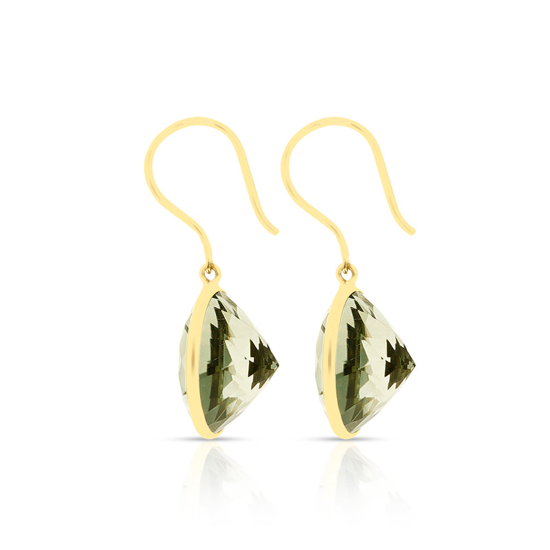 Green Amethyst Round Cushion Cut Shape Dangling Earrings made in 18 Karat Yellow Gold.
