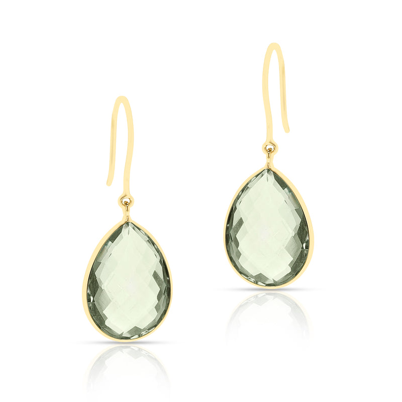 Green Amethyst Pear Shape Dangling Earrings made in 18 Karat Yellow Gold.