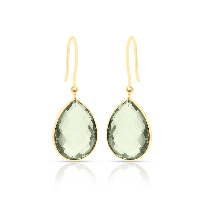 Green Amethyst Pear Shape Dangling Earrings made in 18 Karat Yellow Gold.