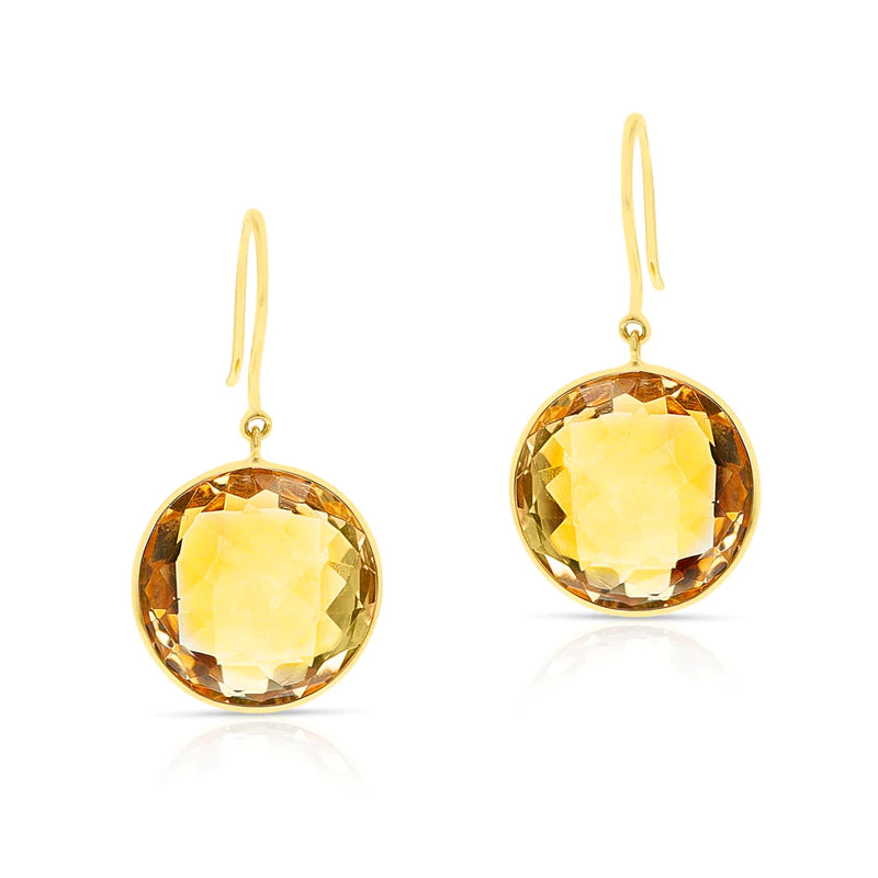 Amethyst Round Shape Dangling Earrings made in 18 Karat Yellow Gold.