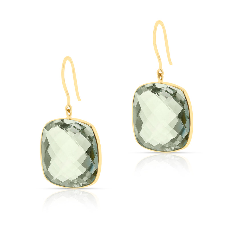 Green Amethyst Square Shape Dangling Earrings made in 18 Karat Yellow Gold.