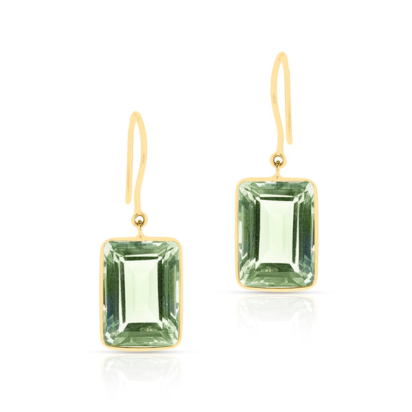Green Amethyst Rectangular Step-Cut Shape Dangling Earrings made in 18 Karat Yellow Gold.