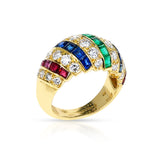 1980s Bombe Cartier Diamond, Ruby, Emerald, Sapphire Ring
