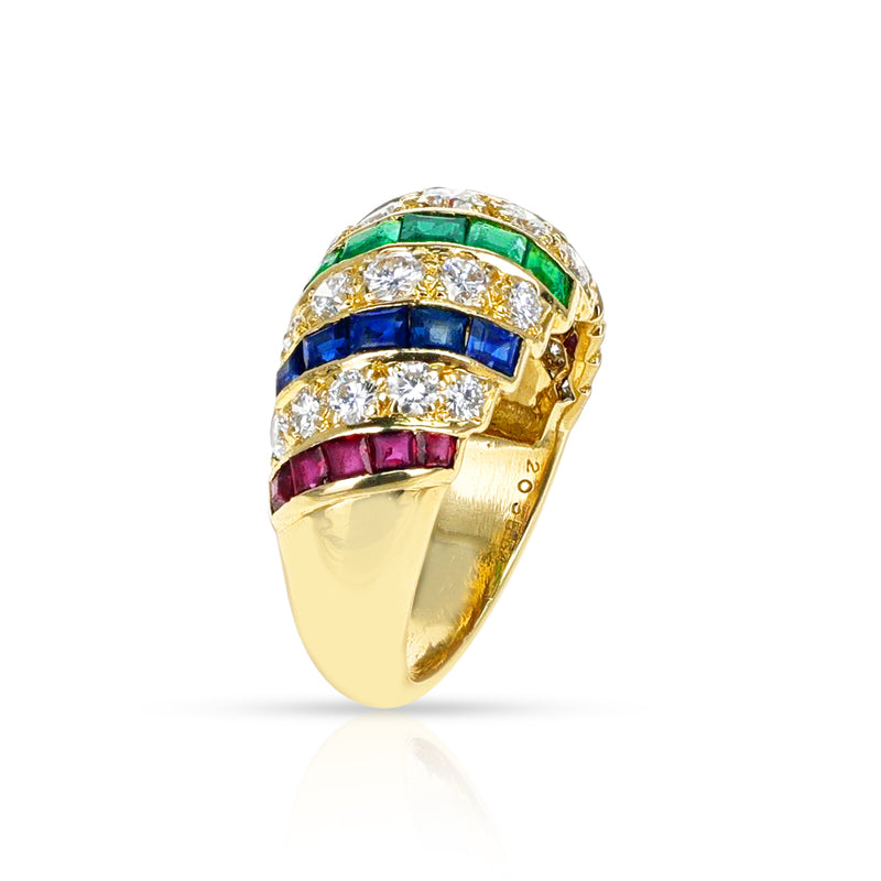 1980s Bombe Cartier Diamond, Ruby, Emerald, Sapphire Ring