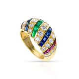 1980s Bombe Cartier Diamond, Ruby, Emerald, Sapphire Ring