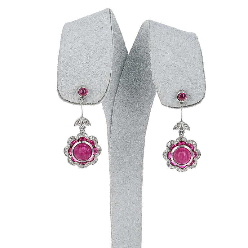 Ruby Cabochon and Diamond Earrings, Platinum