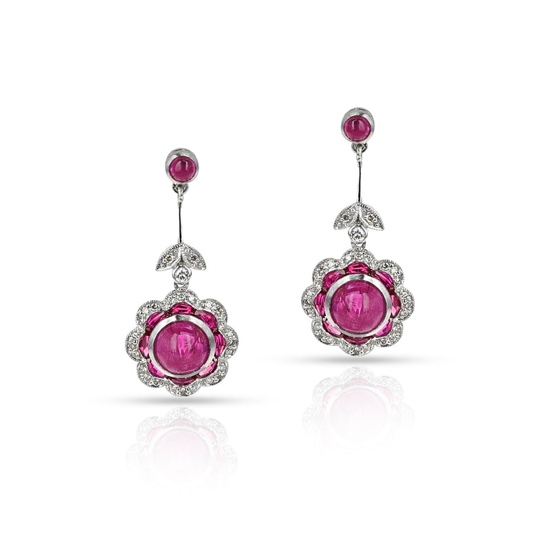 Ruby Cabochon and Diamond Earrings, Platinum