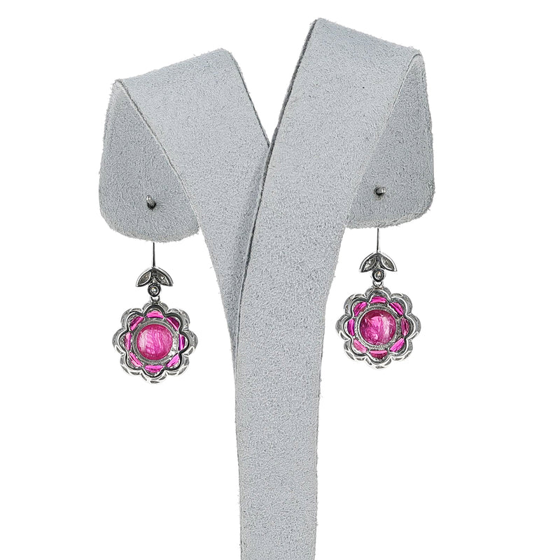 Ruby Cabochon and Diamond Earrings, Platinum