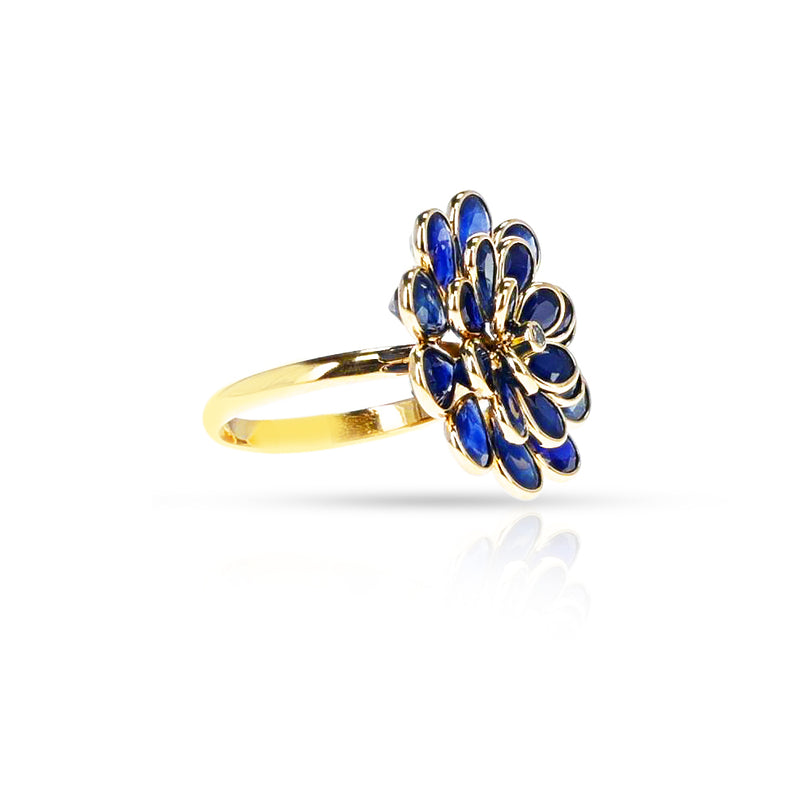 Blue Sapphire and Diamond Floral Ring, 18K Yellow Gold