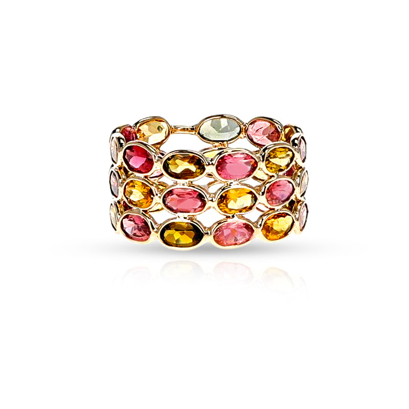 Triple Line Oval Gemstone Stackable Band, Yellow Gold