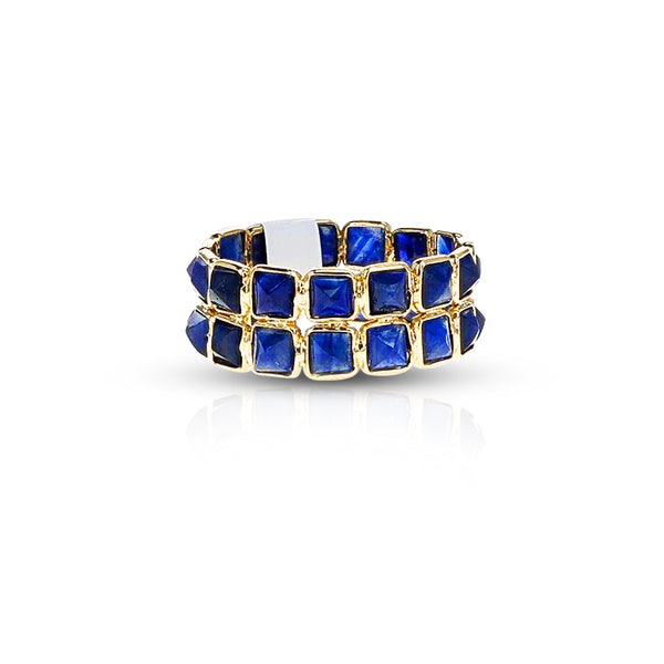 Blue Sapphire Pyramid Double Line Cabochon Ring Band, 18k Yellow Gold