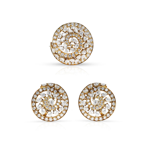 1996 Garrard Diamond Brooch and Earrings Set, Original Box, 18k