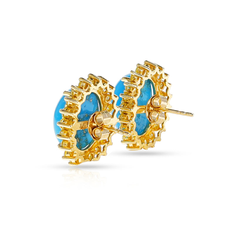 GIA Certified Natural Turquoise Cabochon Earrings with Yellow Diamonds, 18k