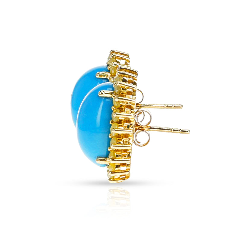 GIA Certified Natural Turquoise Cabochon Earrings with Yellow Diamonds, 18k