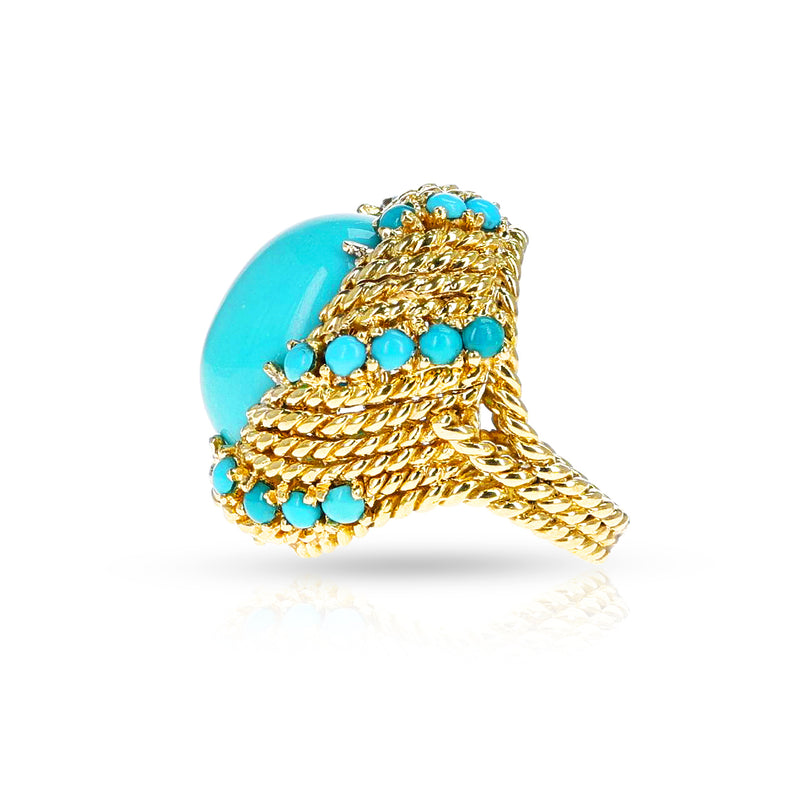 Turquoise Cabochon Cocktail Ring with Rope-Work Gold, 18k