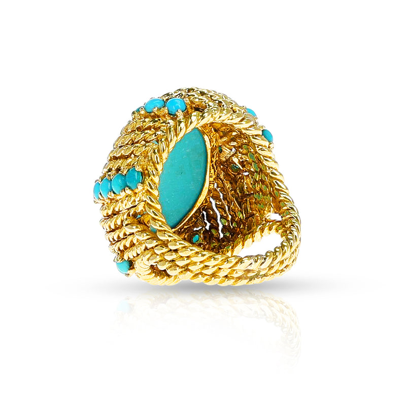 Turquoise Cabochon Cocktail Ring with Rope-Work Gold, 18k