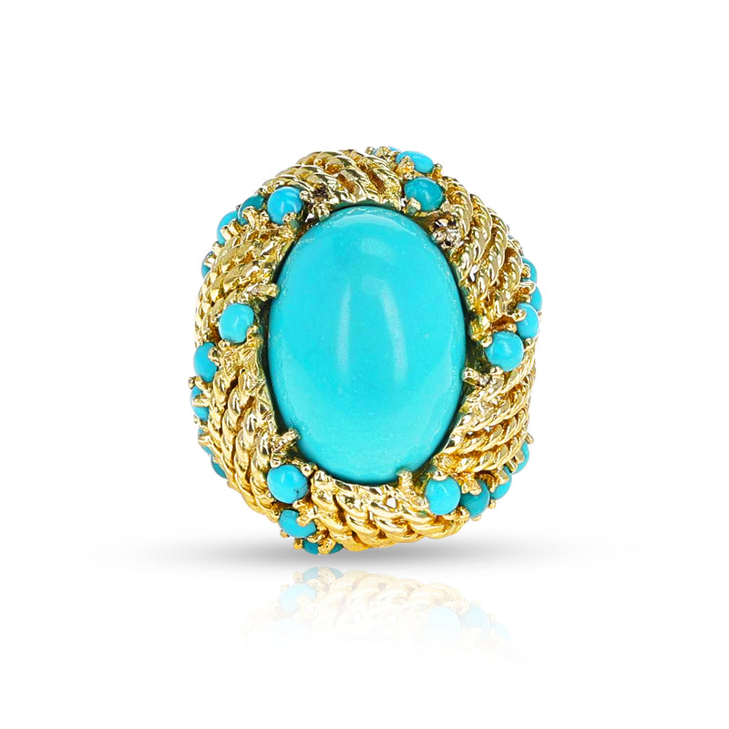 Turquoise Cabochon Cocktail Ring with Rope-Work Gold, 18k