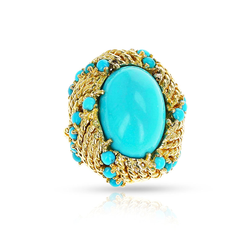 Turquoise Cabochon Cocktail Ring with Rope-Work Gold, 18k