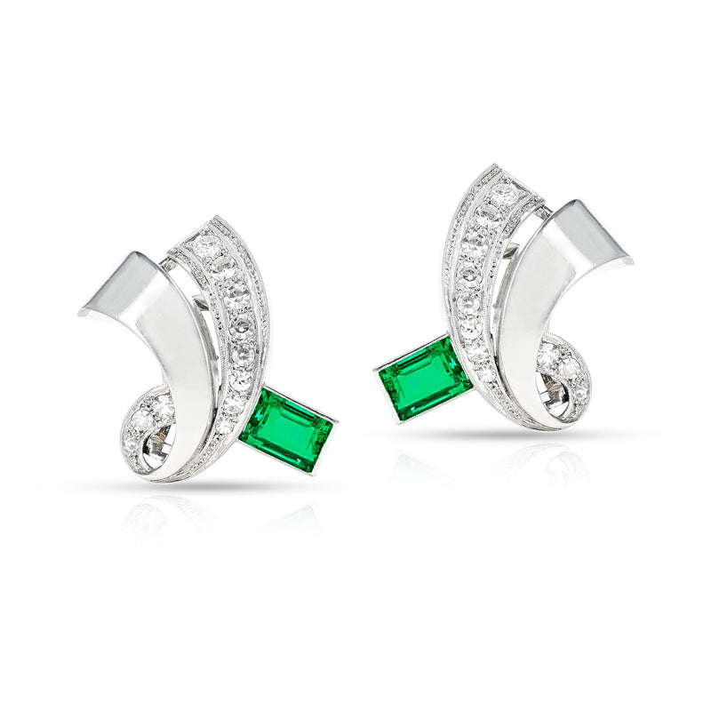 GIA Certified No-Oil Rectangular Colombian Emeralds and Diamond Earrings, PT