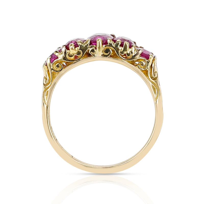Five Stone Ruby Oval and Round Victorian Ring, 18K Yellow