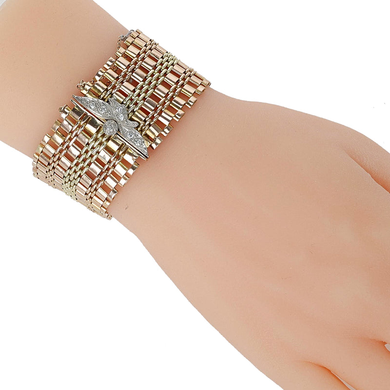 14k Three-Tone Yellow, White, Rose Gold Estate Diamond Eagle Bracelet