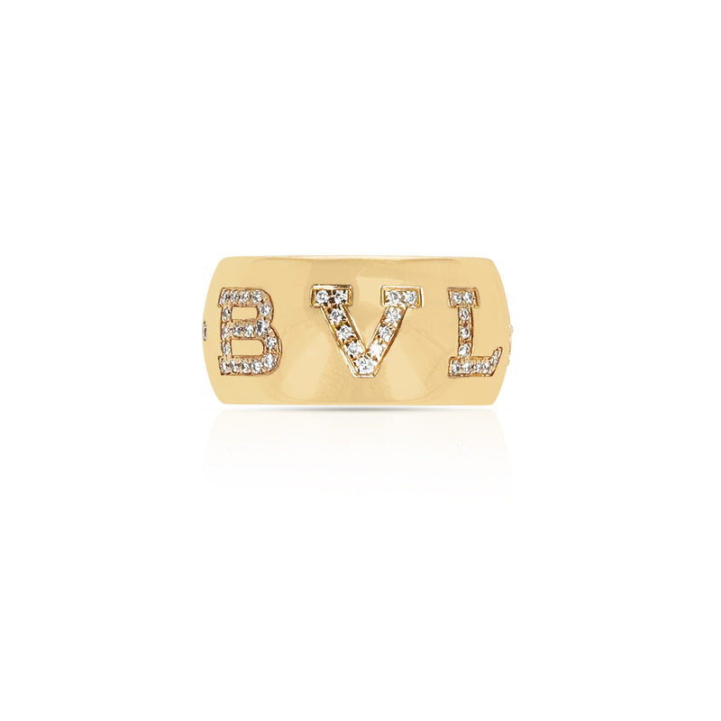 BVLGARI Diamond Letter Band Ring with Original Box, 18K Gold