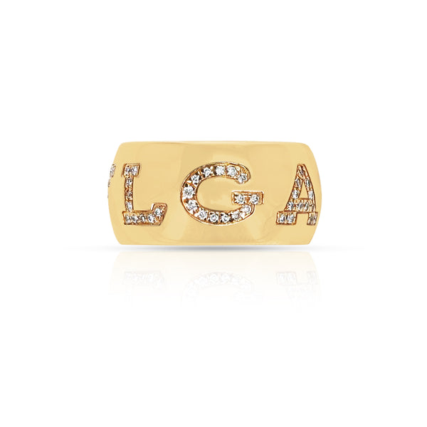 BVLGARI Diamond Letter Band Ring with Original Box, 18K Gold
