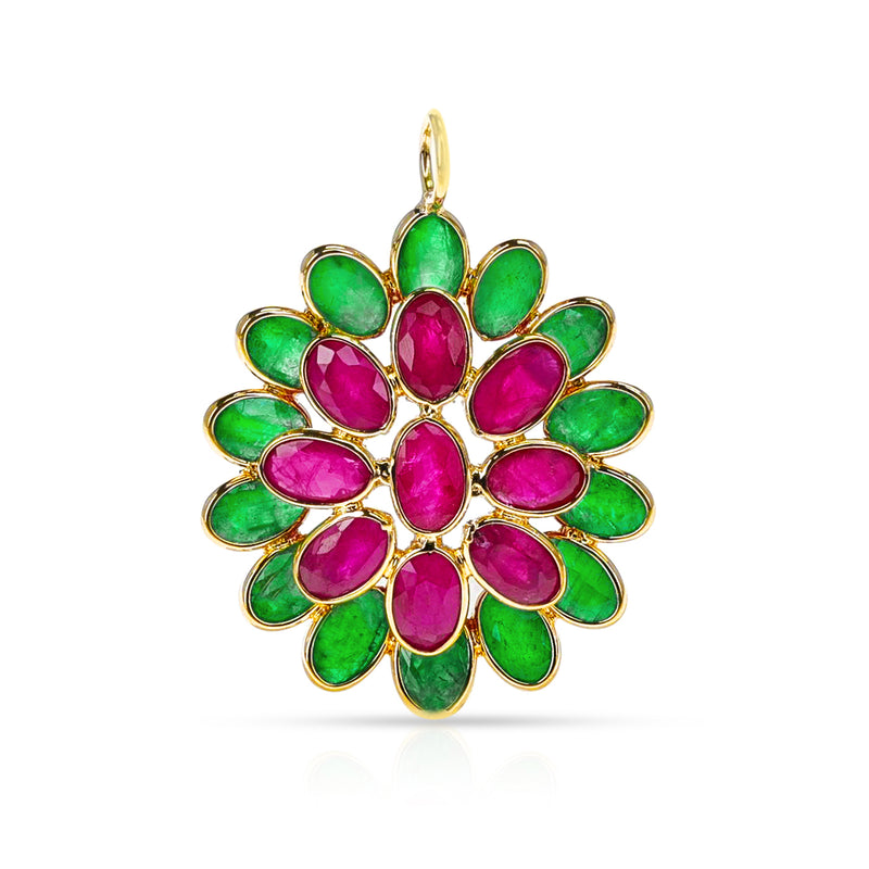 Ruby and Emerald Large Floral Pendant, 18K