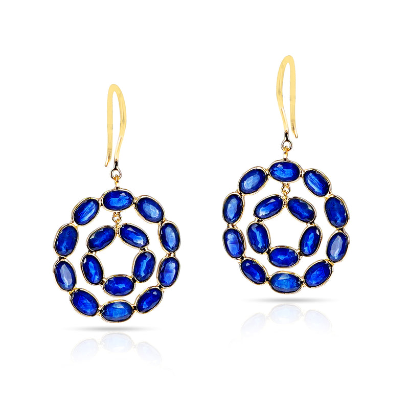 Double Circle Blue Sapphire with Diamond Rose Cut Earring, 18K