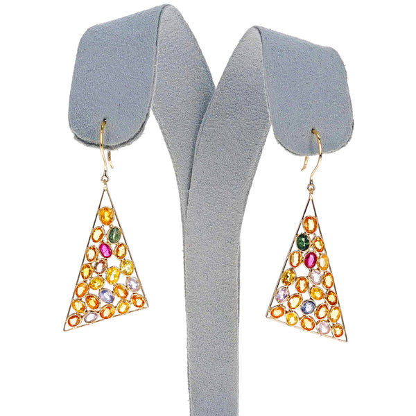 Triangular Shaped Cocktail Multi-Sapphire Earrings, 18K