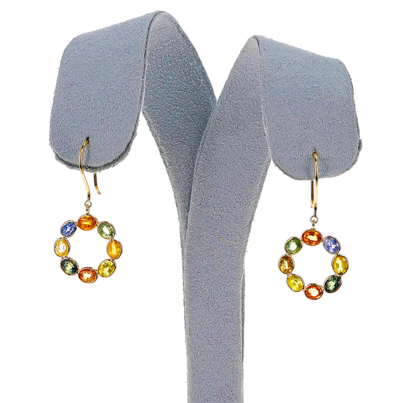Circle Multi-Sapphire Dangling Earrings, 18K