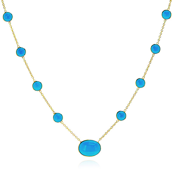 Round Turquoise Cabochon with One Oval Cabochon Necklace, 18K