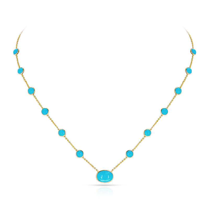 Round Turquoise Cabochon with One Oval Cabochon Necklace, 18K