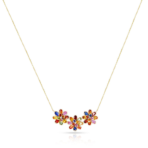 Triple Two-Step Floral Multi-Sapphire and Diamond Necklace, 18K