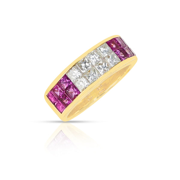 Pink Sapphire and Diamond Invisibly Set Ring, 18K