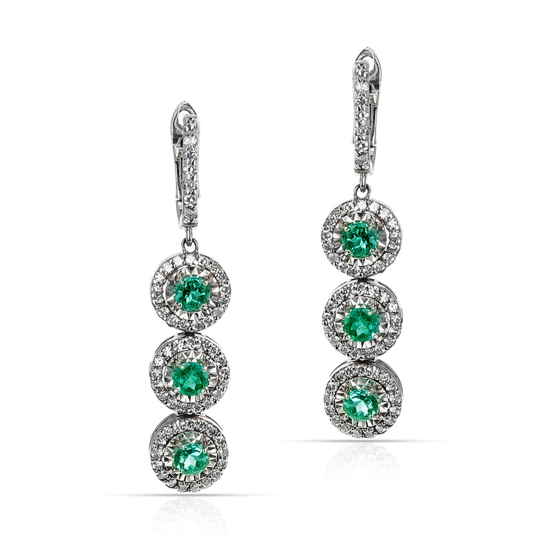 Round Emerald and 1.25 ct. Diamond Dangling Earrings, 14K Gold