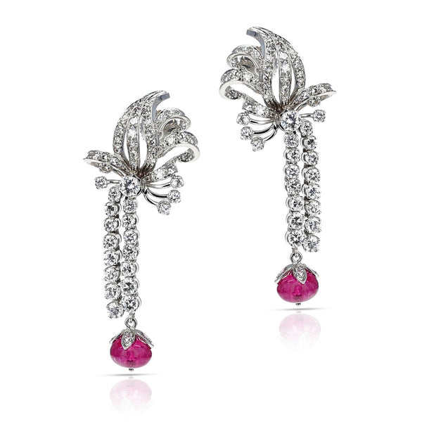 Art Deco and Platinum Diamond Cocktail Earrings with Ruby