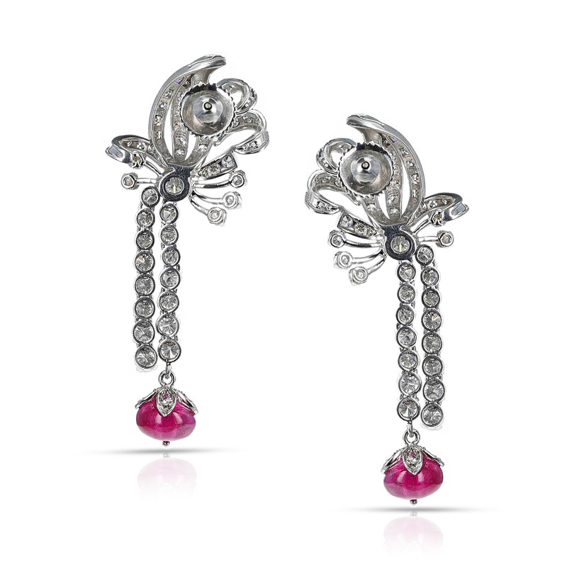Art Deco and Platinum Diamond Cocktail Earrings with Ruby