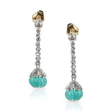 Round Diamond and Emerald Carving Dangling Earrings, 18K Gold