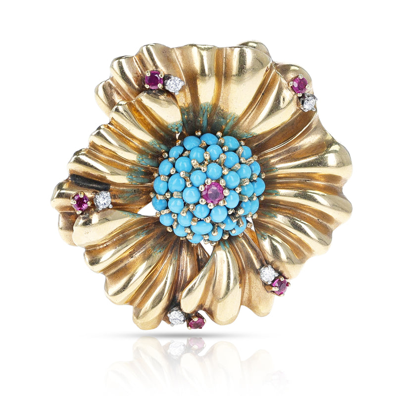 1940s Turquoise, Ruby and Diamond Flower Brooch, 14k Gold