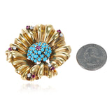 1940s Turquoise, Ruby and Diamond Flower Brooch, 14k Gold