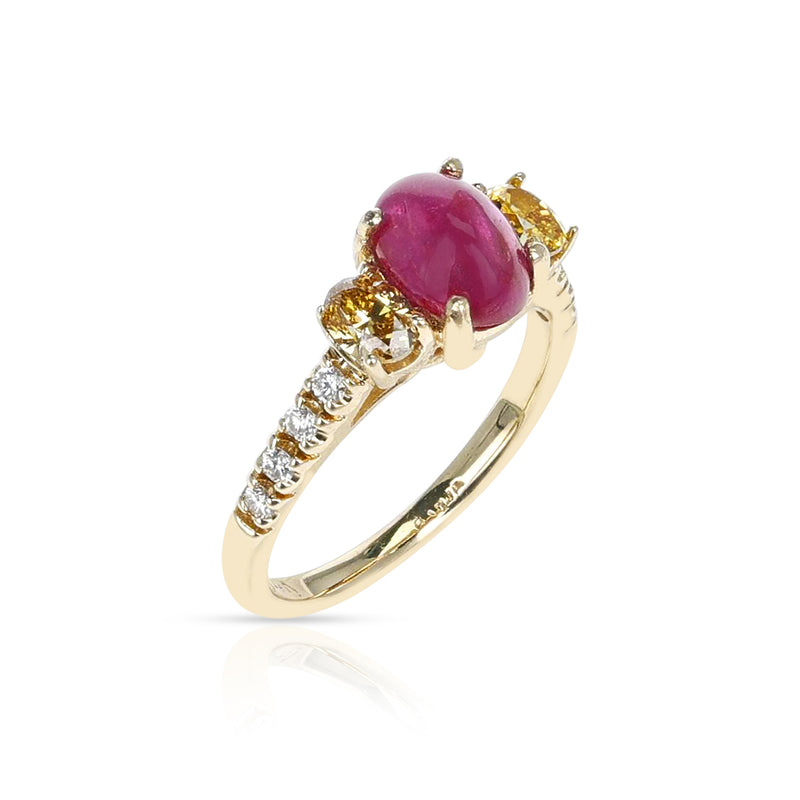 1.99 ct. Ruby Cabochon and 0.45 cts. Yellow Diamond Ring, 14K
