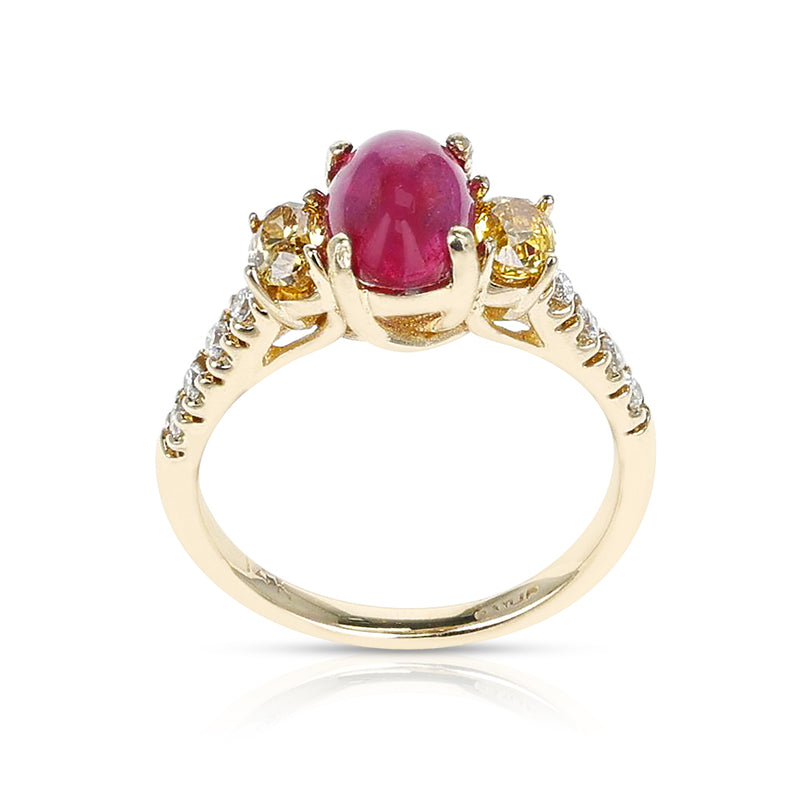 1.99 ct. Ruby Cabochon and 0.45 cts. Yellow Diamond Ring, 14K