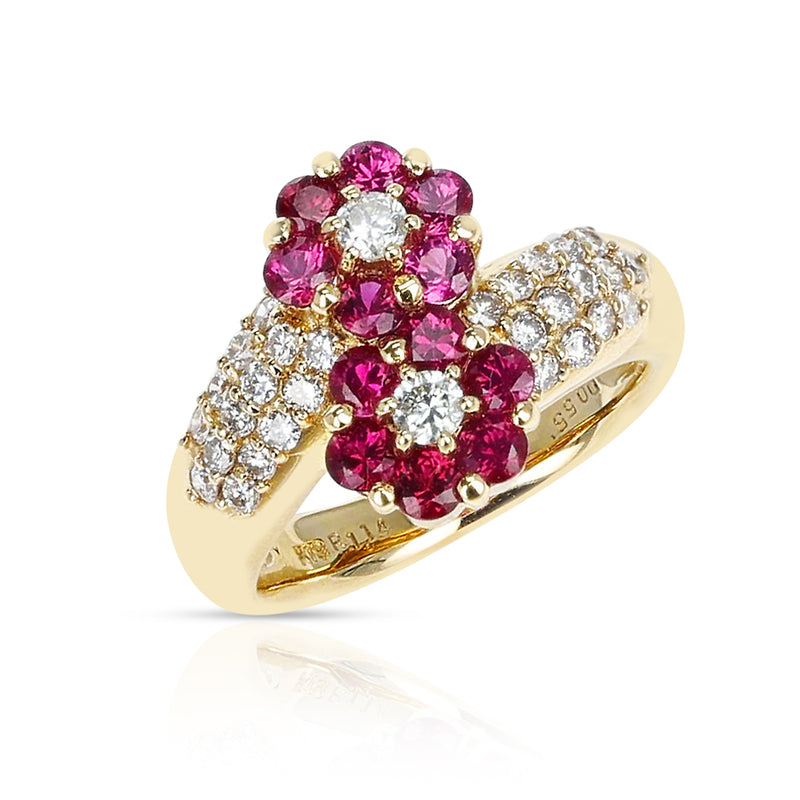Double Flower 1.14 ct. Ruby Ring with 0.55 ct. Diamonds, 18K