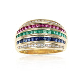 Diamond, Blue Sapphire, Emerald, Ruby Five Row Invisibly Set Cocktail Ring, 18K