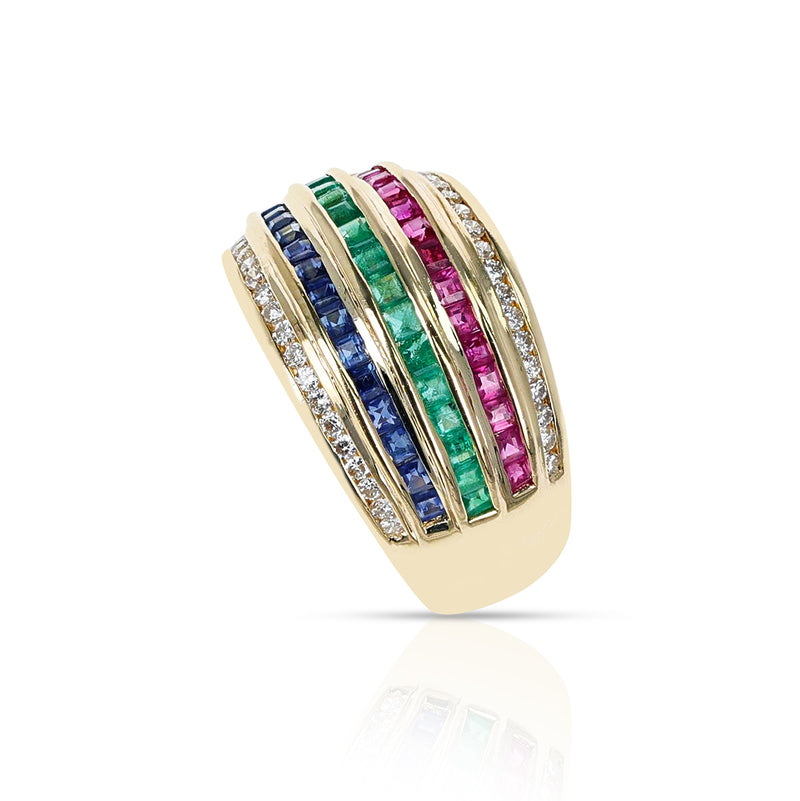 Diamond, Blue Sapphire, Emerald, Ruby Five Row Invisibly Set Cocktail Ring, 18K
