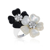 Mother of Pearl and Black Onyx Double Floral Ring with 0.40 cts. Diamonds, 18K