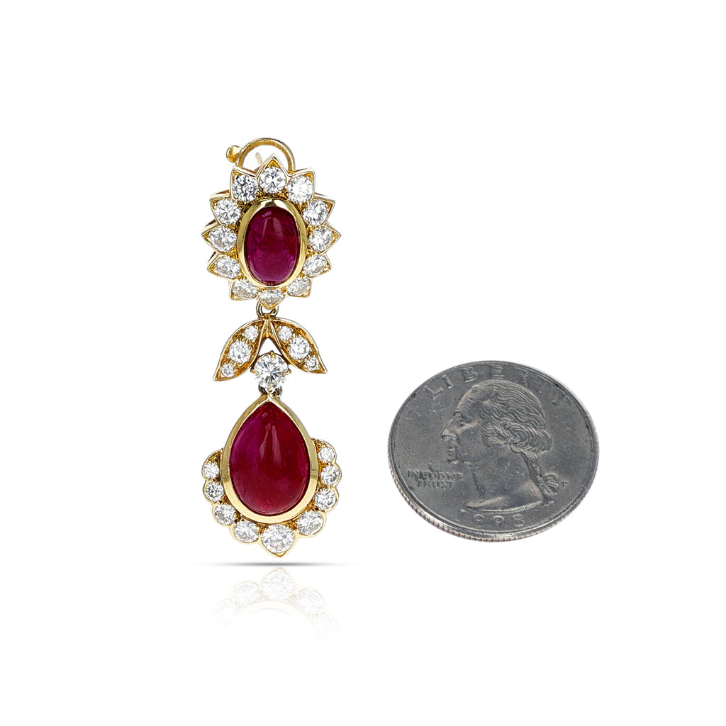 Oval Cabochon Ruby & Diamond Drop Earrings 18K Yellow Gold