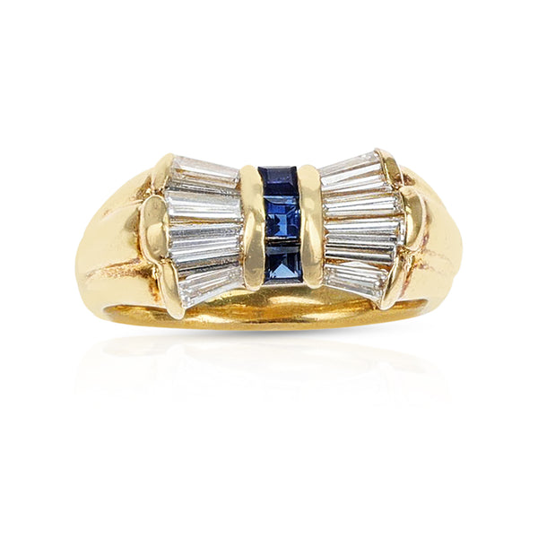 Diamond Baguettes and Square Cut Blue Sapphire Bow Ring, 18K